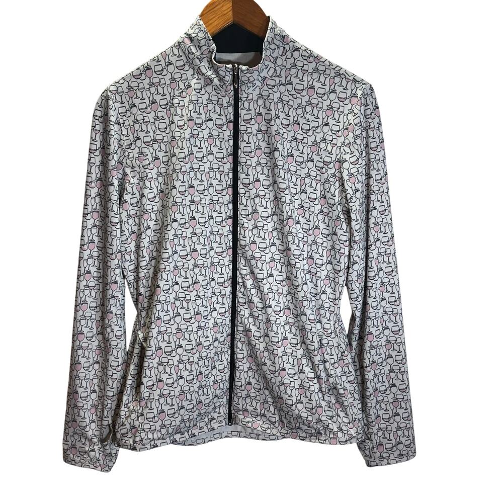 SanSoleil M UV 50 Zip Jacket Wine Glass Print Long Sleeve Golf Top